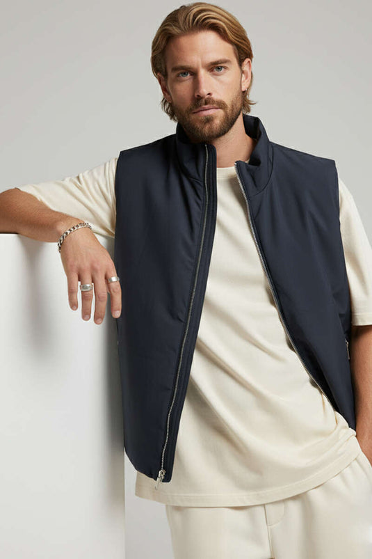 سترة رجالية أساسية بسحاب، لون أزرق داكن