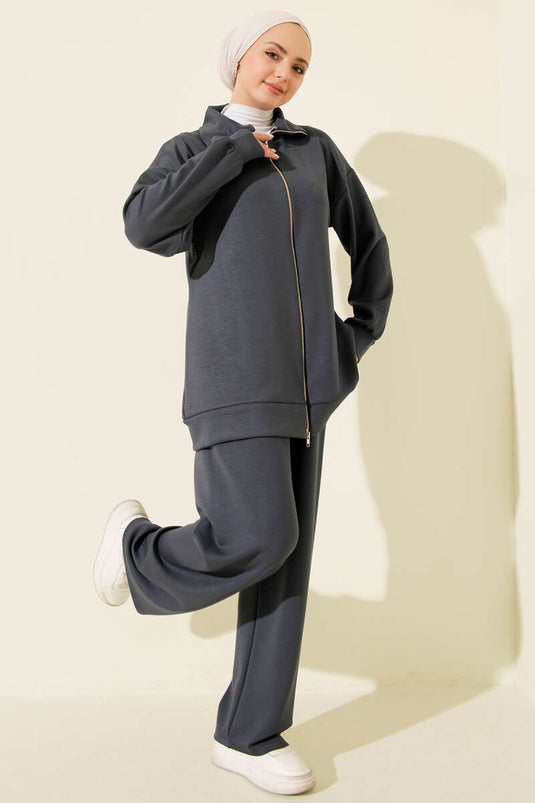 Fermuarlı Basic Loyşa İkili Takım Füme