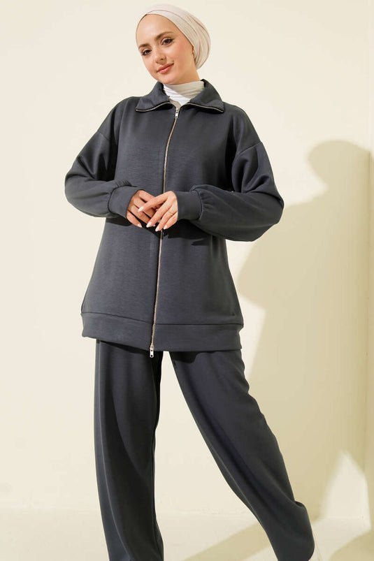 Fermuarlı Basic Loyşa İkili Takım Füme