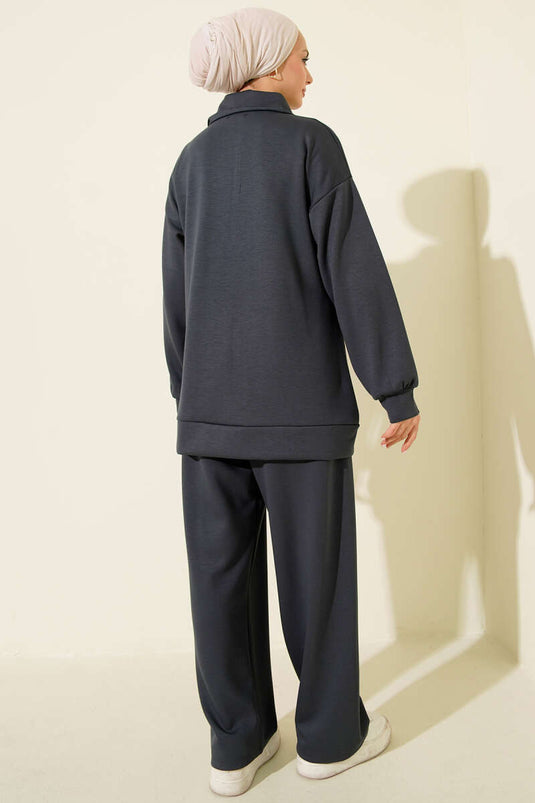 Fermuarlı Basic Loyşa İkili Takım Füme