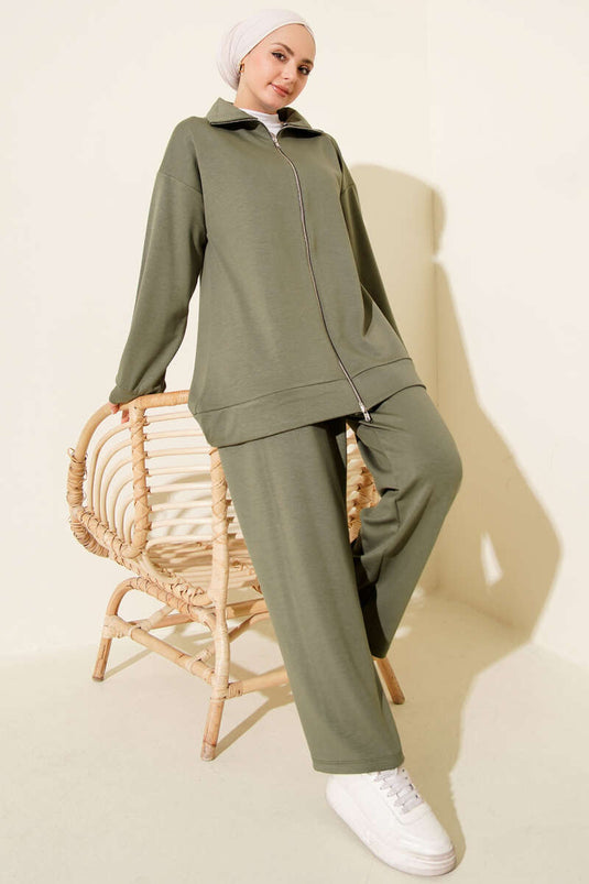 Ensemble basique à deux pièces avec fermeture éclair, kaki