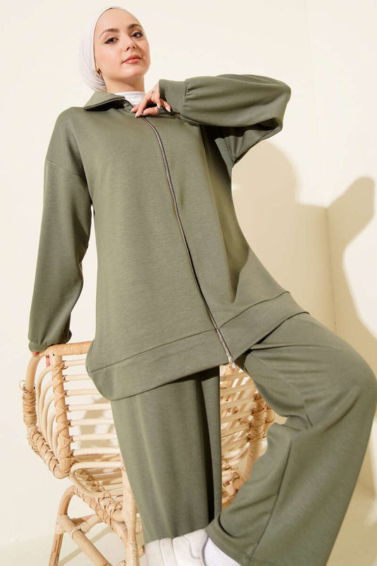 Ensemble basique à deux pièces avec fermeture éclair, kaki