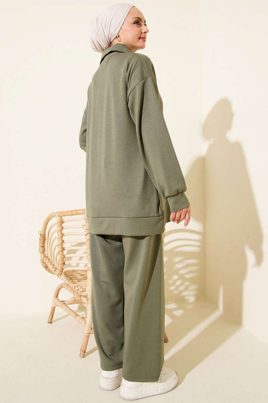 Ensemble basique à deux pièces avec fermeture éclair, kaki