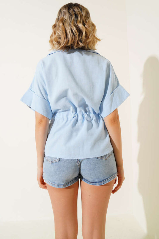 Zip-up Waist Gathered Shirt, Baby Blue