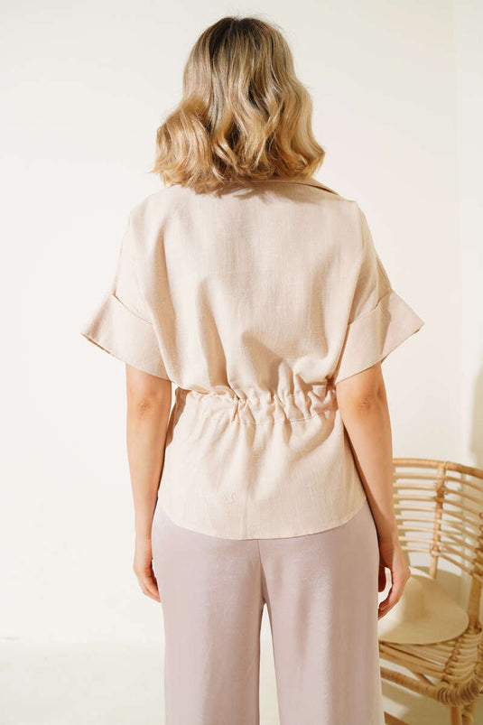 Zip-up Shirt with Drawstring Waist, Beige