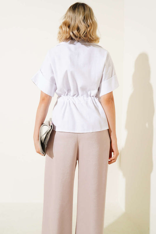 White Zip-Up Shirt with Gathered Waist