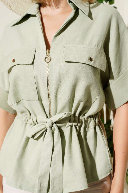 Zip-up Shirt with Drawstring Waist, Light Green