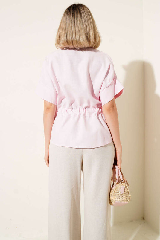 Pink Zip-Up Shirt with Gathered Waist