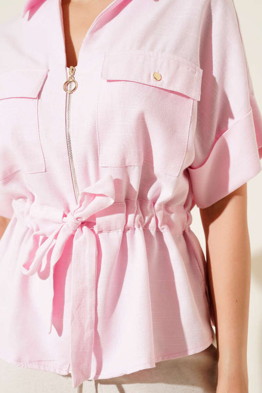 Pink Zip-Up Shirt with Gathered Waist
