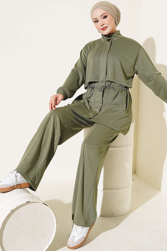 Ensemble Deux Pièces Élastiqué À Taille Zippée Kaki