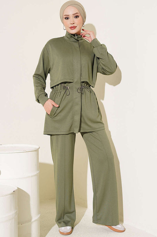 Ensemble Deux Pièces Élastiqué À Taille Zippée Kaki