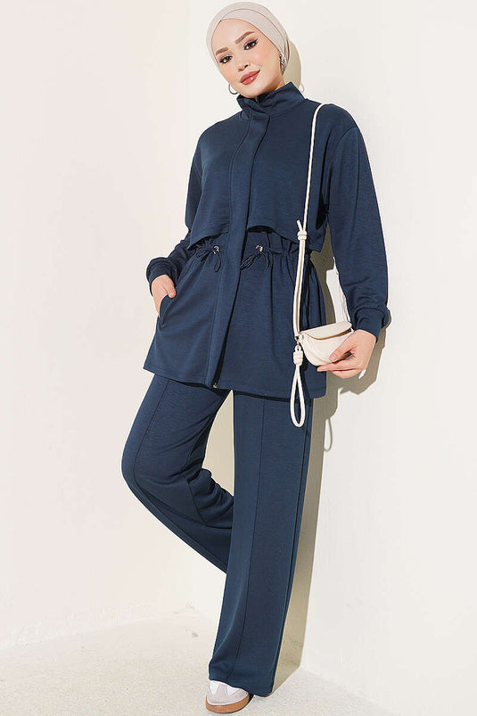Ensemble Deux Pièces Élastiqué À Taille Zippée Marine