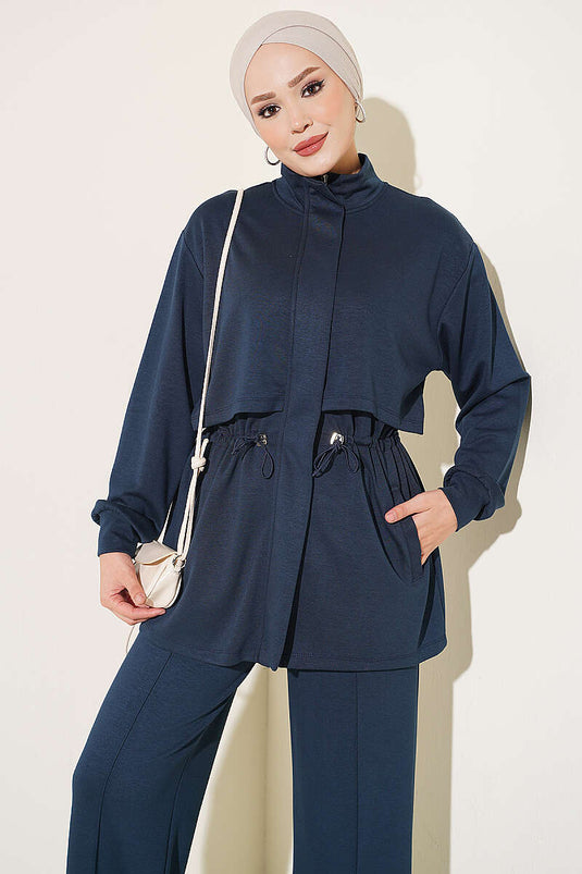 Ensemble Deux Pièces Élastiqué À Taille Zippée Marine