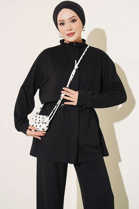 Conjunto De Dos Piezas Con Cintura Elástica Y Cremallera Negro