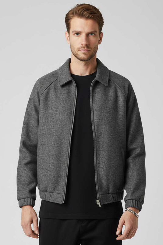 Veste en cachemire pour homme, gris foncé, avec fermeture éclair et taille élastiquée.
