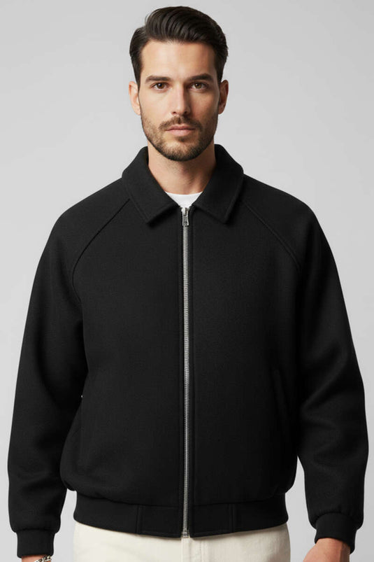 جاكيت رجالي من الكشمير بسحاب وحزام خصر مطاطي، أسود