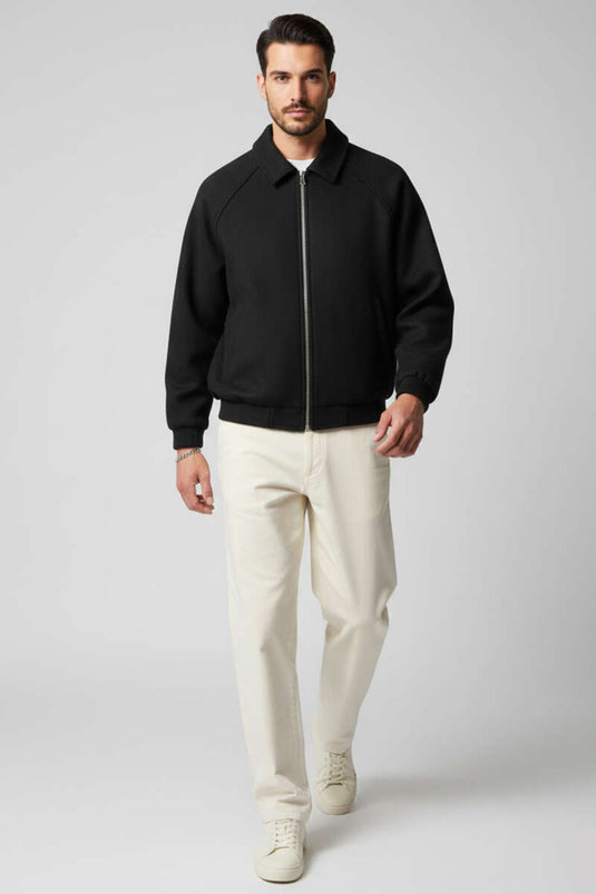 جاكيت رجالي من الكشمير بسحاب وحزام خصر مطاطي، أسود