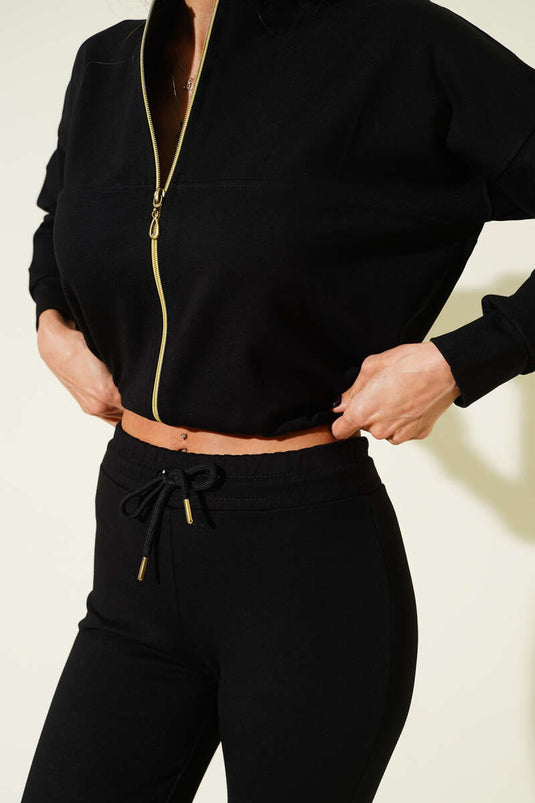 طقم مزدوج بحزام خصر مطاطي وسحاب باللون الأسود