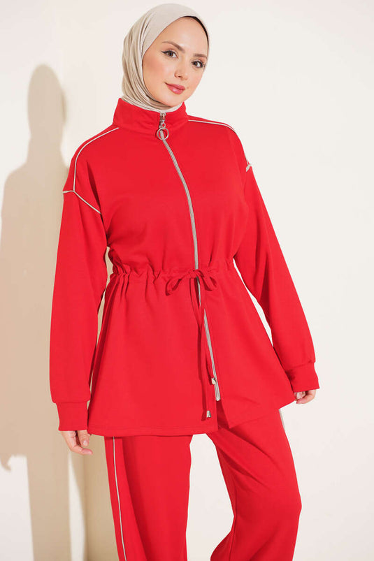 Zippered Waist Tulle-Trimmed Two-Piece Set In Red