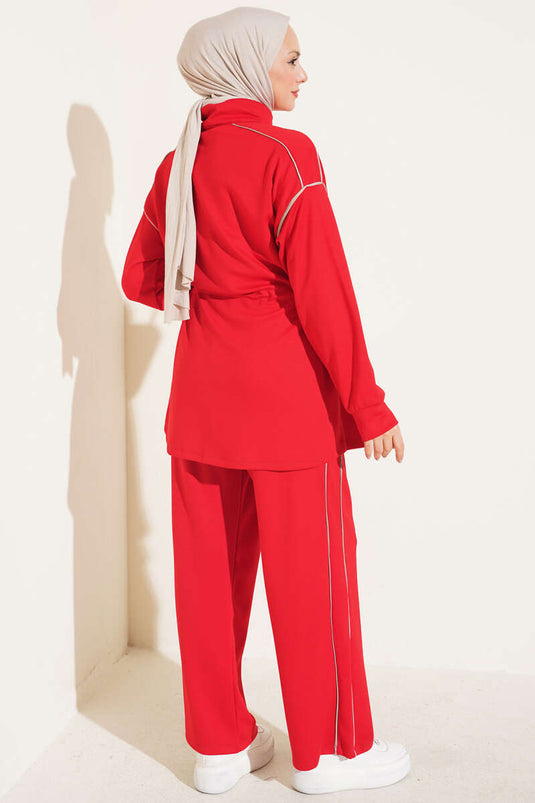 Zippered Waist Tulle-Trimmed Two-Piece Set In Red