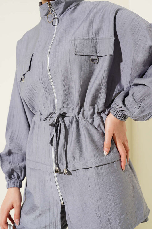 Fermuarlı Bel Tünelli İkili Takım Gri