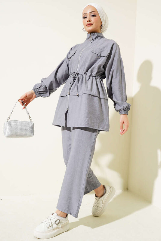 Fermuarlı Bel Tünelli İkili Takım Gri