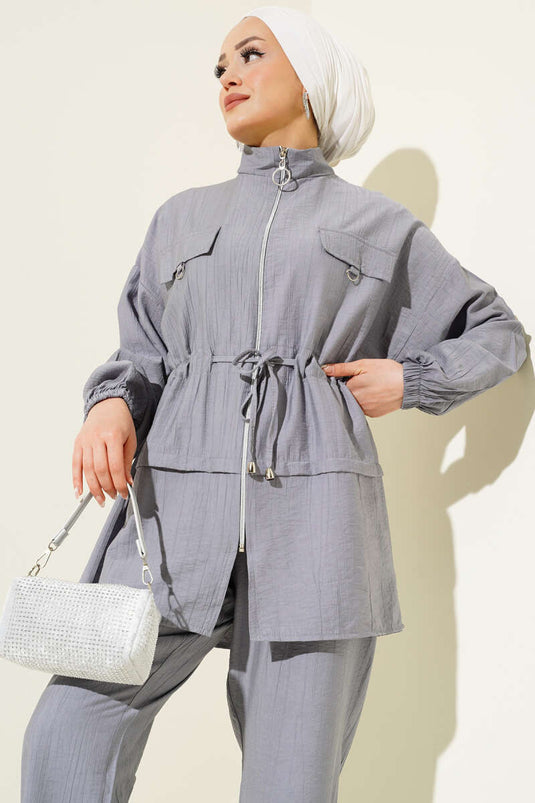 Fermuarlı Bel Tünelli İkili Takım Gri