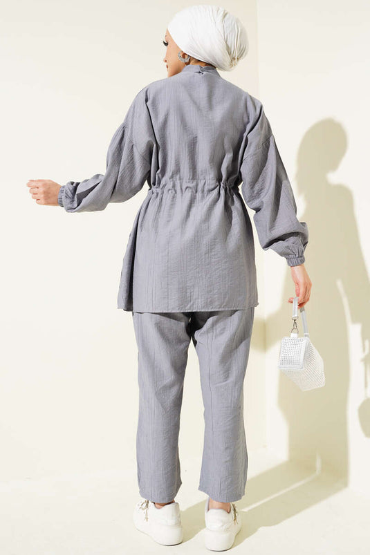 Fermuarlı Bel Tünelli İkili Takım Gri