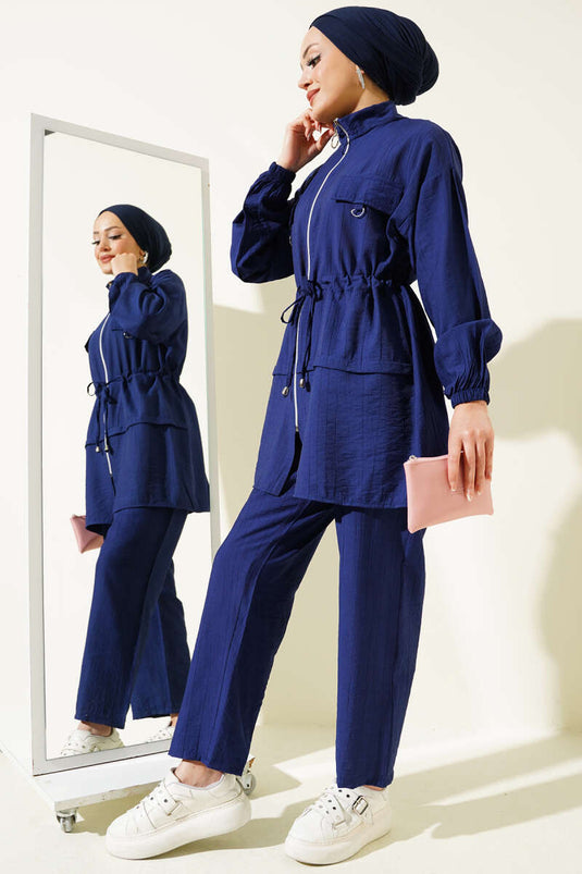 Fermuarlı Bel Tünelli İkili Takım Lacivert