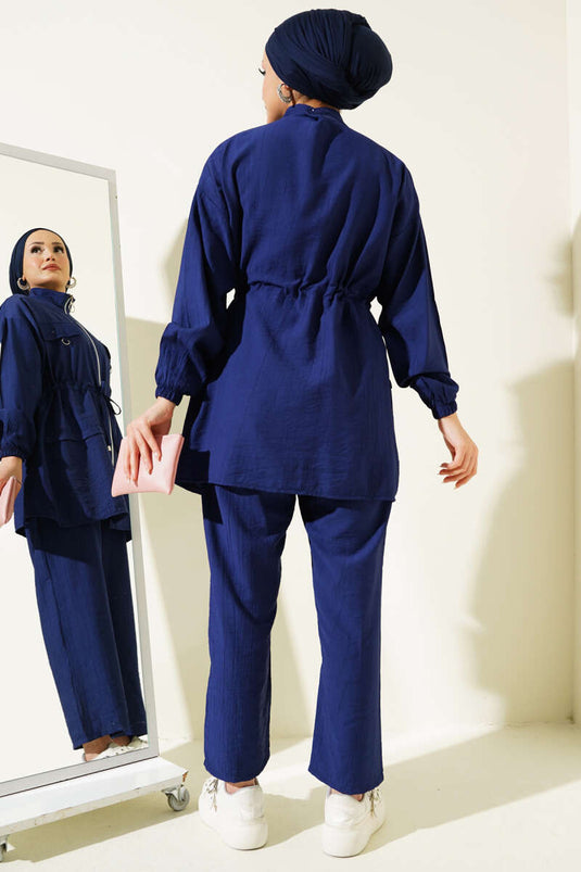 Fermuarlı Bel Tünelli İkili Takım Lacivert