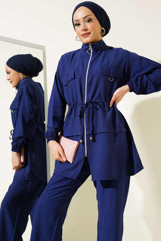 Fermuarlı Bel Tünelli İkili Takım Lacivert