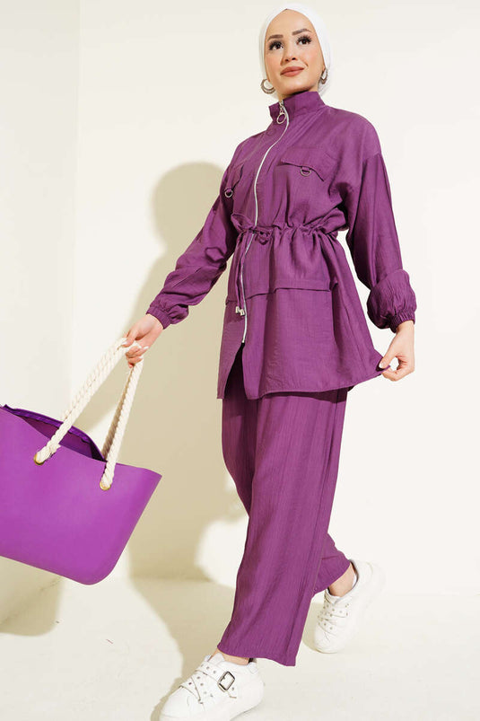 Fermuarlı Bel Tünelli İkili Takım Mor