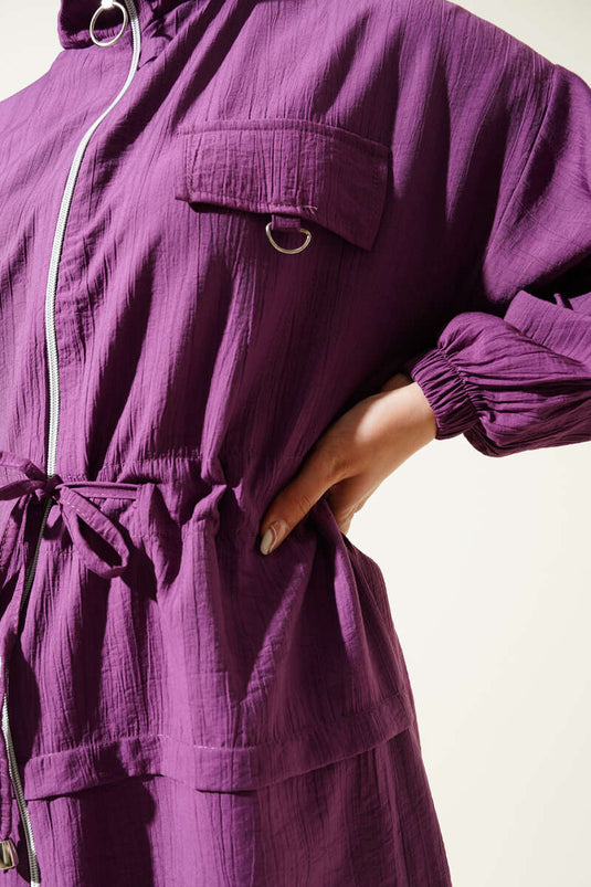 Fermuarlı Bel Tünelli İkili Takım Mor