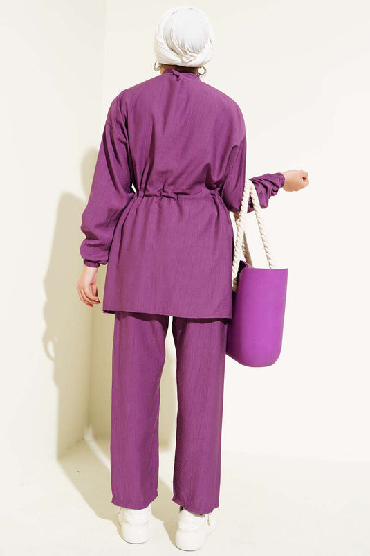 Fermuarlı Bel Tünelli İkili Takım Mor