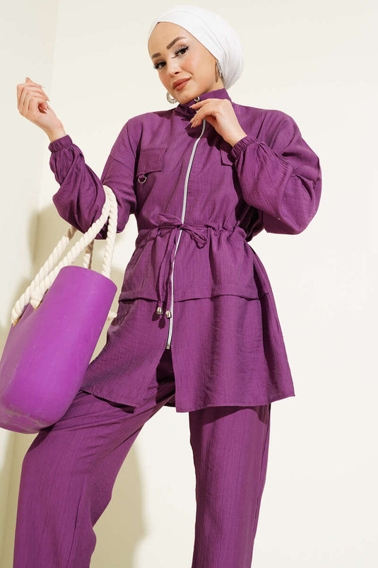 Fermuarlı Bel Tünelli İkili Takım Mor