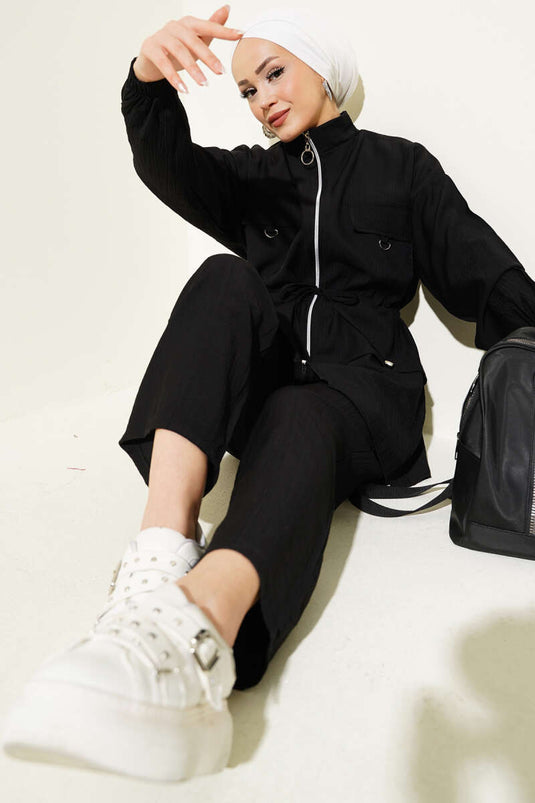 Fermuarlı Bel Tünelli İkili Takım Siyah