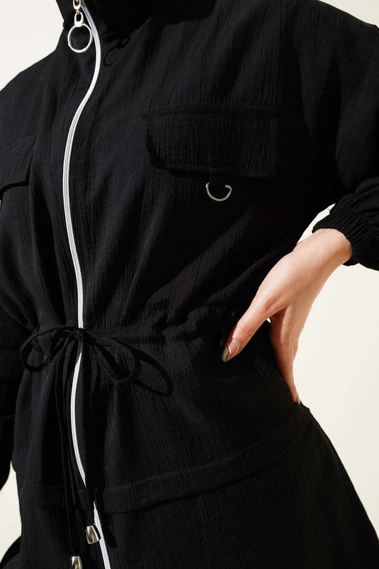 Fermuarlı Bel Tünelli İkili Takım Siyah