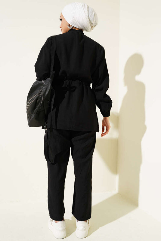 Fermuarlı Bel Tünelli İkili Takım Siyah