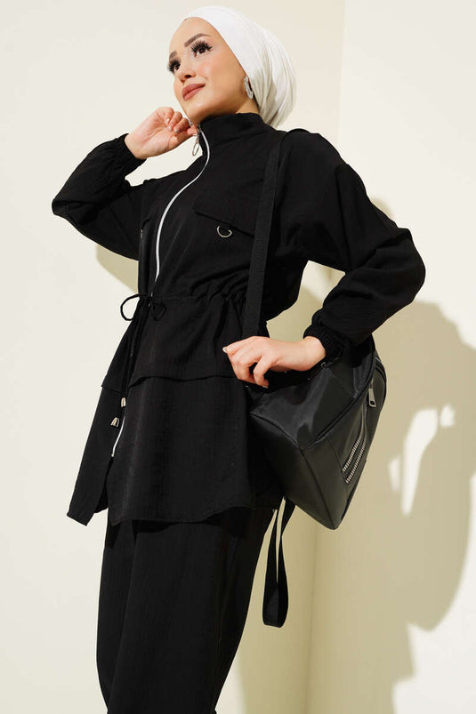 Fermuarlı Bel Tünelli İkili Takım Siyah