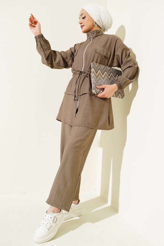 Fermuarlı Bel Tünelli İkili Takım Vizon