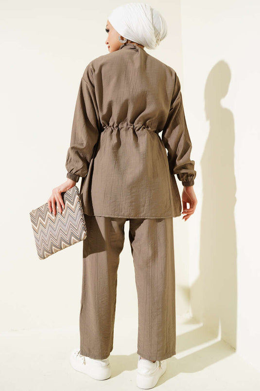 Fermuarlı Bel Tünelli İkili Takım Vizon