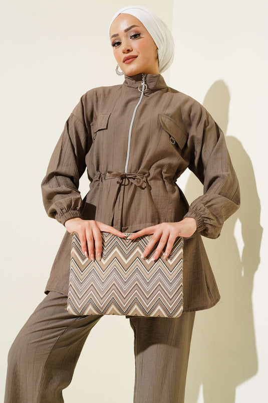 Fermuarlı Bel Tünelli İkili Takım Vizon