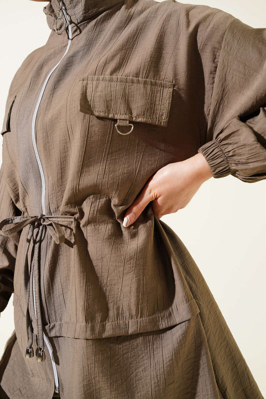 Fermuarlı Bel Tünelli İkili Takım Vizon