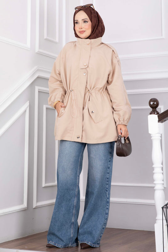 Beige Korte Trenchcoat Met Verstelbare Taille En Rits