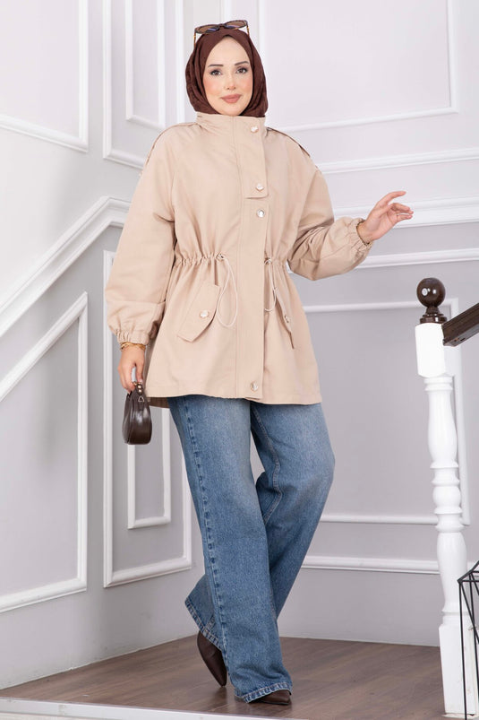 Beige Korte Trenchcoat Met Verstelbare Taille En Rits