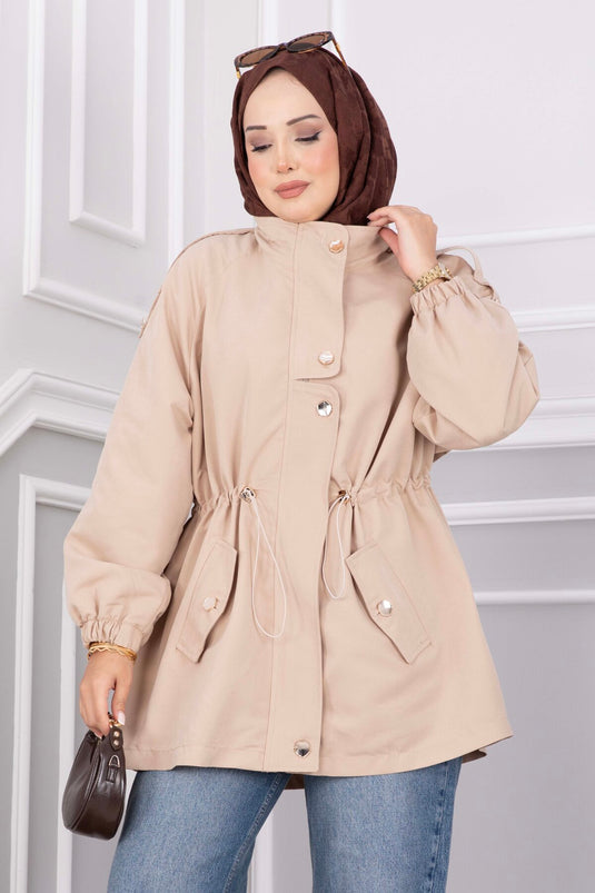 Beige Korte Trenchcoat Met Verstelbare Taille En Rits