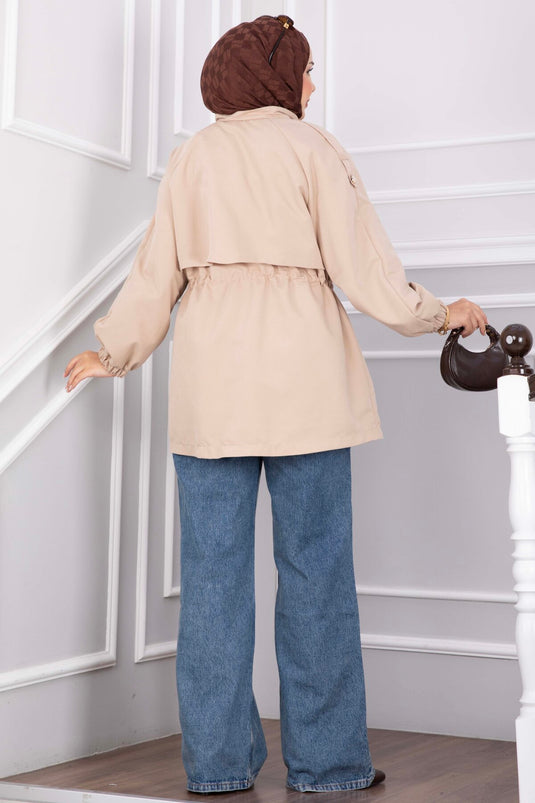 Beige Korte Trenchcoat Met Verstelbare Taille En Rits