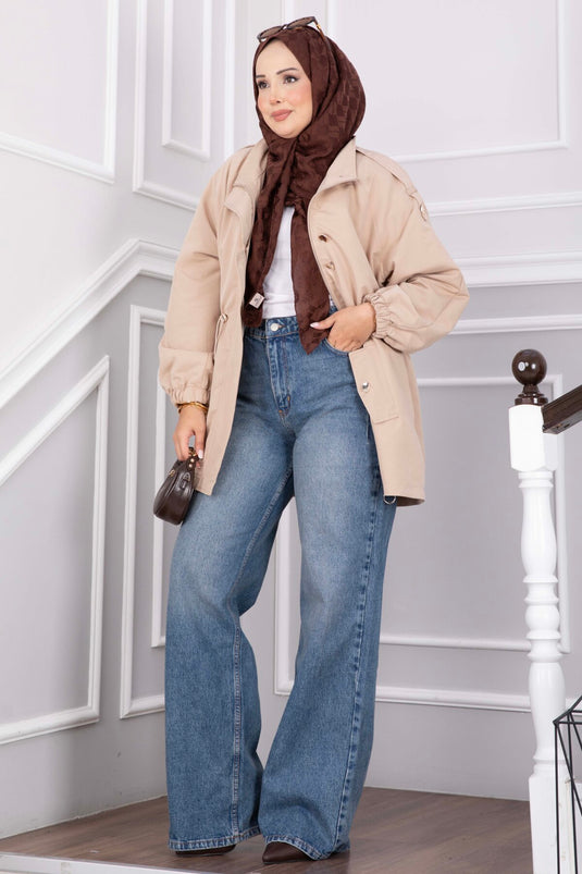 Beige Korte Trenchcoat Met Verstelbare Taille En Rits