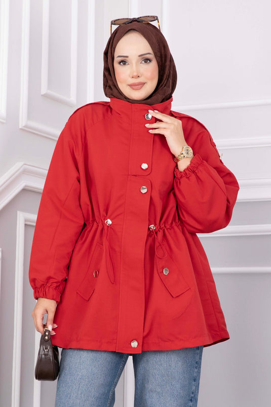 Korte Rood Trenchcoat Met Rits En Verstelbare Taille