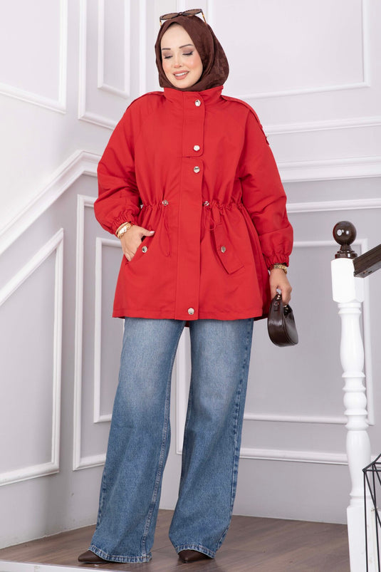 Korte Rood Trenchcoat Met Rits En Verstelbare Taille